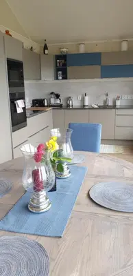 a table with two vases and flowers in a kitchen at Frydenlund in Balestrand