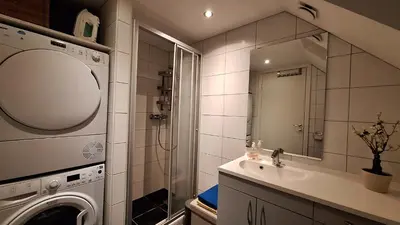 a bathroom with a sink and a washing machine at Penthouse with perfect location and spectacular view in Bergen