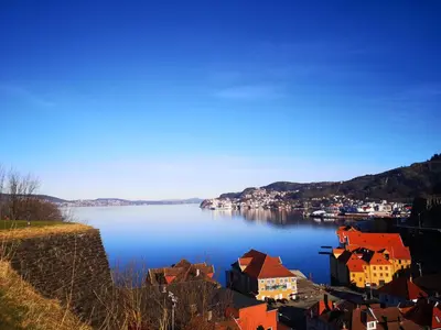 a view of a town on a lake with houses at Penthouse with perfect location and spectacular view in Bergen