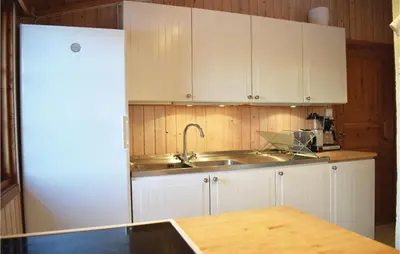a kitchen with a sink and a white refrigerator at Four-Bedroom Holiday Home In Eggedal in Eggedal