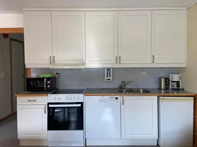 a kitchen with white cabinets and a white dishwasher at Winjum Apartments Aurland Stegastein in Aurland