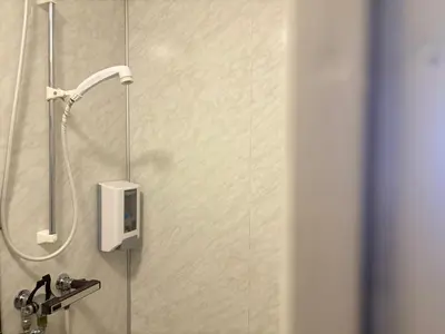 a shower in a bathroom with a soap dispenser at Winjum Cabin Aurland Stegastein in Aurland