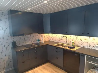 a kitchen with blue cabinets and a sink at Sogndal ski- and mountain cabin in Sogndal