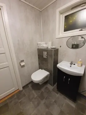 a bathroom with a toilet and a sink at Vestavind hytter og rom AS in Ålesund