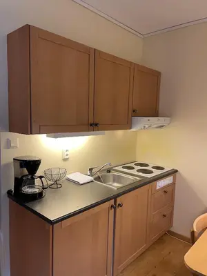 a kitchen with a sink and a counter top at Lærdal Ferie- og Fritidspark in Lærdalsøyri
