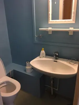 a bathroom with a white sink and a toilet at Marifjøra Sjøbuer in Marifjora