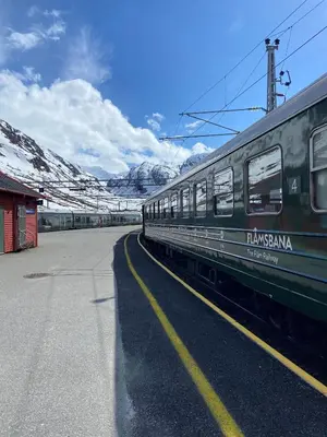 a green train is parked at a train station at Vatnahalsen Høyfjellshotell in Myrdal