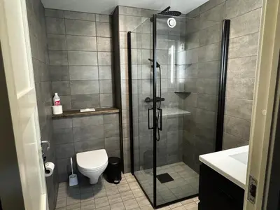 a bathroom with a shower with a toilet and a sink at Trysilfjell Apartment Hotel in Trysil