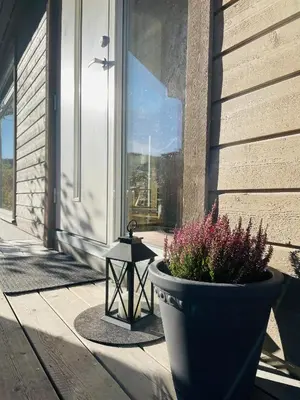 a potted plant sitting on the side of a house at Fjellsporthytta nr. 4 in Sogndal