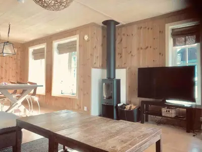 a living room with a fireplace and a wooden wall at Kilen Lodge in Gaustablikk