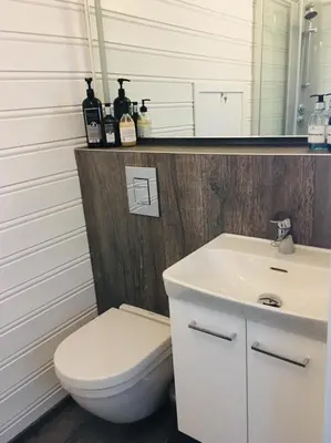 a bathroom with a toilet and a sink and a mirror at Osensjøen Camping in Valmen
