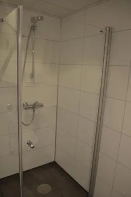 a bathroom with a shower with a glass door at Einemo Apartments in Lærdalsøyri