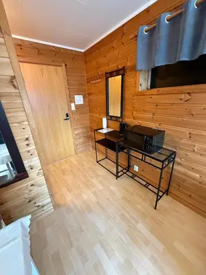 a room with a television and a wooden wall at Studio Apartment in Haukedalen in Førde