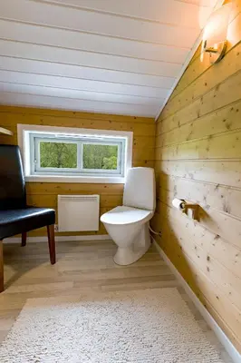 a bathroom with a toilet and a window at Riverside in Hornindal