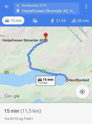 a screenshot of a google map with a red marker at Harpefossen Skisenter og Hyttegrend in Nordfjordeid