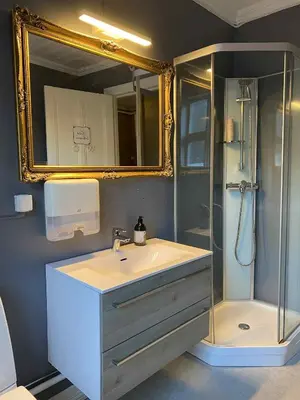 a bathroom with a sink and a shower with a mirror at Lærdalsøren Motor Guesthouse in Lærdalsøyri