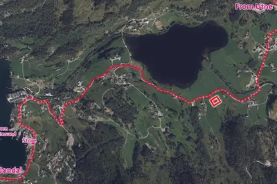 a map of a road with red routes at Siloen - cosy apartment in Herand in Herand