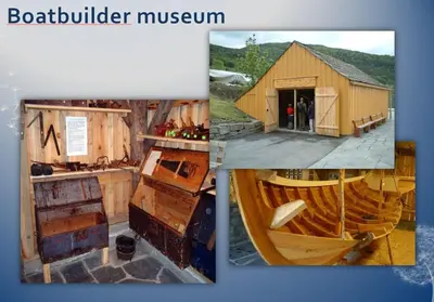 a collage of three pictures of a boatbuilding museum at Siloen - cosy apartment in Herand in Herand