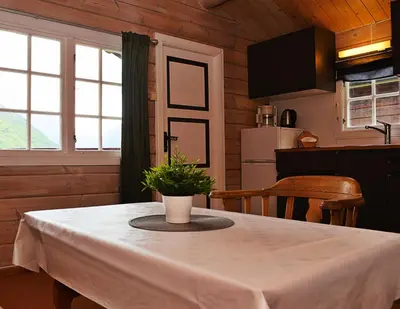 a kitchen with a table with a plant on it at Fossen Accommodation in Geiranger