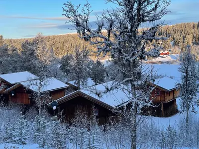 a cabin in the woods covered in snow at Måsåplassen Friisvegen Mountain Lodge in Ringebu