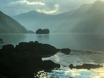 a view of a lake with mountains in the background at Fjordperlen in Eidfjord