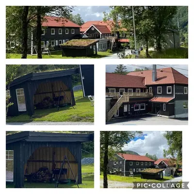four different pictures of a house and a barn at BUDGET Kvamseter Lodge in Eikedalen