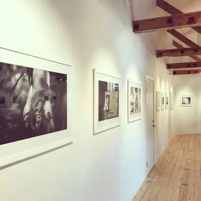 a gallery with several framed photographs on the walls at SAGA, unikt badehotell med 5 rom, sauna og badebrygge - Inderøy in Straumen