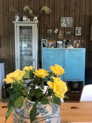 a vase with yellow flowers sitting on a table at SAGA, unikt badehotell med 5 rom, sauna og badebrygge - Inderøy in Straumen