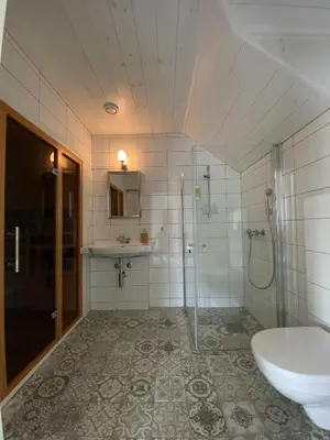 a bathroom with a shower and a sink and a toilet at Haaheim Gaard in Uggdal