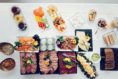 a table topped with lots of different types of food at Haaheim Gaard in Uggdal
