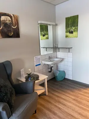 a bathroom with a sink and a couch and a mirror at Basecamp Frich`s Hjerkinn in Hjerkinn