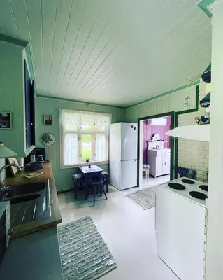 a kitchen with green walls and a white refrigerator at Aobrio Holidayhouse, authentic norwegian farmhouse close to Flåm in Lærdalsøyri