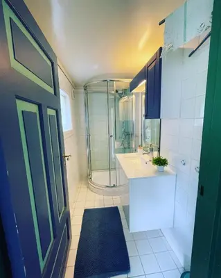 a bathroom with a shower and a sink and a door at Aobrio Holidayhouse, authentic norwegian farmhouse close to Flåm in Lærdalsøyri