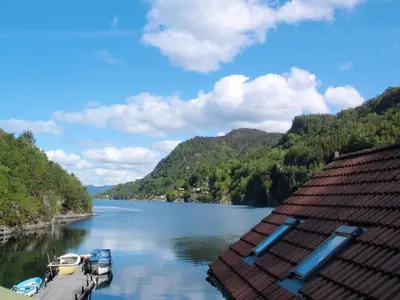 a view of a river with boats docked on it at Holiday Home Tufto by Interhome in Lunde