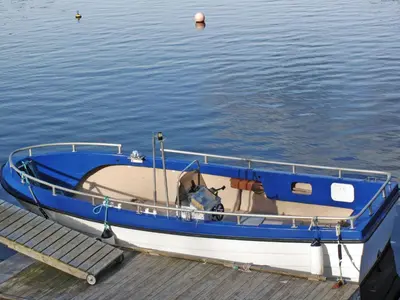 a dog is sitting in a blue boat at a dock at Holiday Home Bjørkeneset by Interhome in Uggdal