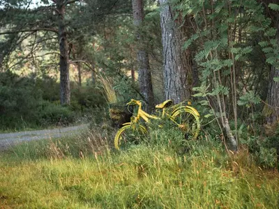 a yellow bike parked in the grass next to a tree at Holiday Home Synnøve by Interhome in Gjølanger