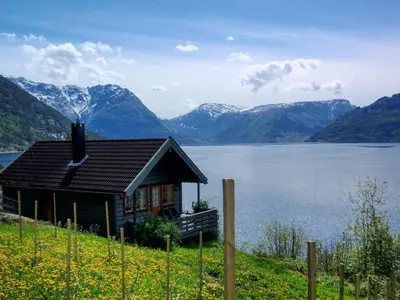 a house on a hill next to a body of water at Chalet Slåttenes by Interhome in Naustflot