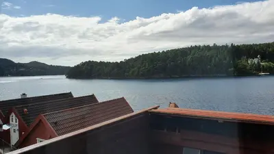 a view of a body of water with trees at Villa Oleanna in Lysekloster