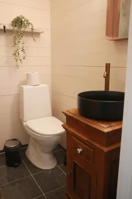 a bathroom with a toilet and a sink at Valsøya in Valsøyfjord
