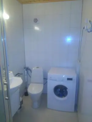 a bathroom with a toilet and a washing machine at Bjørgo Gard - Stegastein in Aurland