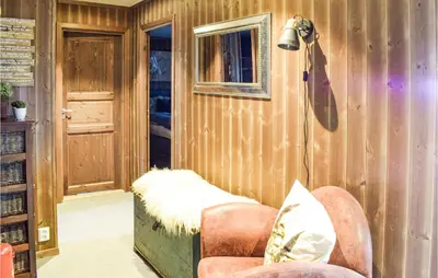 a living room with a chair and a lamp at Gorgeous Home In Sjusjøen With Wifi in Sjusjøen