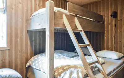 a bunk bed in a wooden room with a ladder at Gorgeous Home In Sjusjøen With Wifi in Sjusjøen