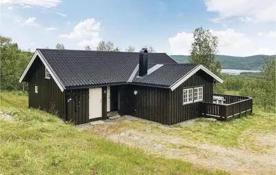 a house with a black roof on a hill at Stunning Home In Hemsedal With Kitchen in Hemsedal