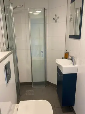 a bathroom with a shower and a toilet and a sink at Eidsvåg Fjordhotell in Eidsvåg