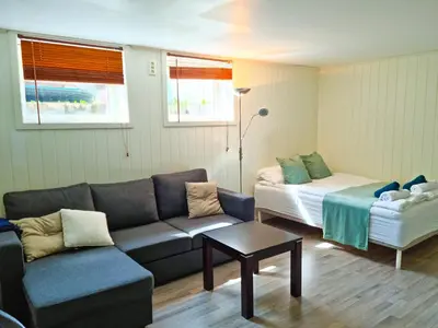 a living room with a couch and a bed at Bårdshaug Studio Apartment in Orkanger