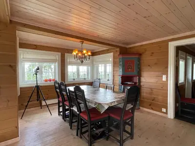 a dining room with a table and chairs at Luxembu - 4 bedroom cabin with a fantastic view in Gol