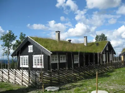 a house with a grass roof on top of it at Luxembu - 4 bedroom cabin with a fantastic view in Gol