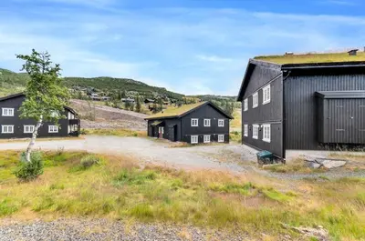 a group of black buildings in a field at Gaustatoppen Apartment in Rjukan