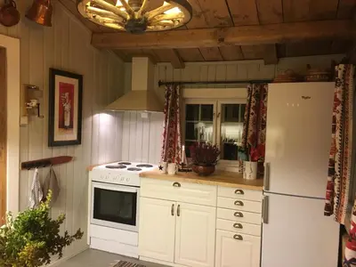 a kitchen with white cabinets and a white refrigerator at Veslehytta - cabin 1050 moh via amazing view and ambiance in Ål