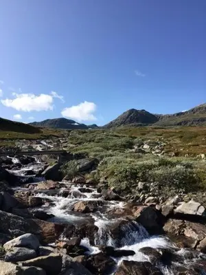 a river on a rocky hillside with mountains in the background at Actif 305 Apartment by Ål Ski Center in Ål